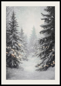 Een winterposter met een besneeuwd bos en sprankelende lichtjes die een dromerige sfeer creëren.-2