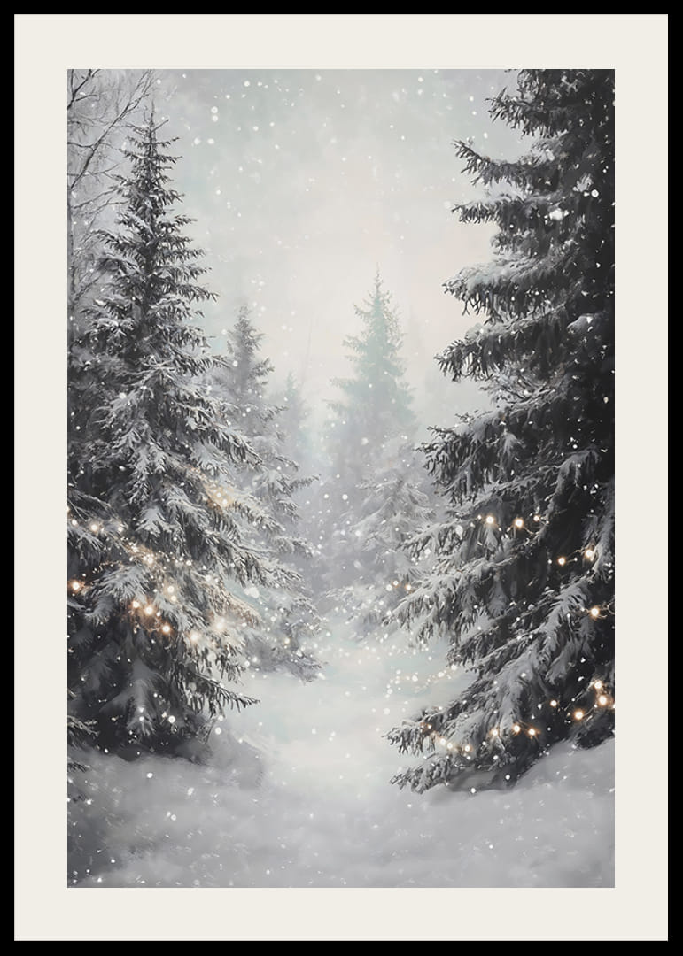 Een winterposter met een besneeuwd bos en sprankelende lichtjes die een dromerige sfeer creëren.-12