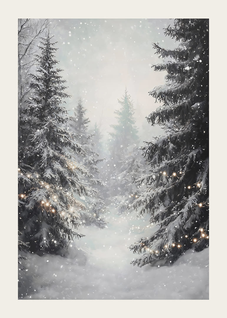 Een winterposter met een besneeuwd bos en sprankelende lichtjes die een dromerige sfeer creëren.-12