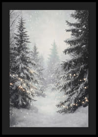 Een winterposter met een besneeuwd bos en sprankelende lichtjes die een dromerige sfeer creëren.-4