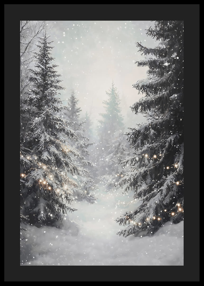 Een winterposter met een besneeuwd bos en sprankelende lichtjes die een dromerige sfeer creëren.-12