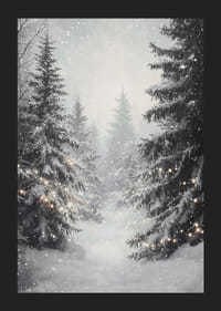 Een winterposter met een besneeuwd bos en sprankelende lichtjes die een dromerige sfeer creëren.-5