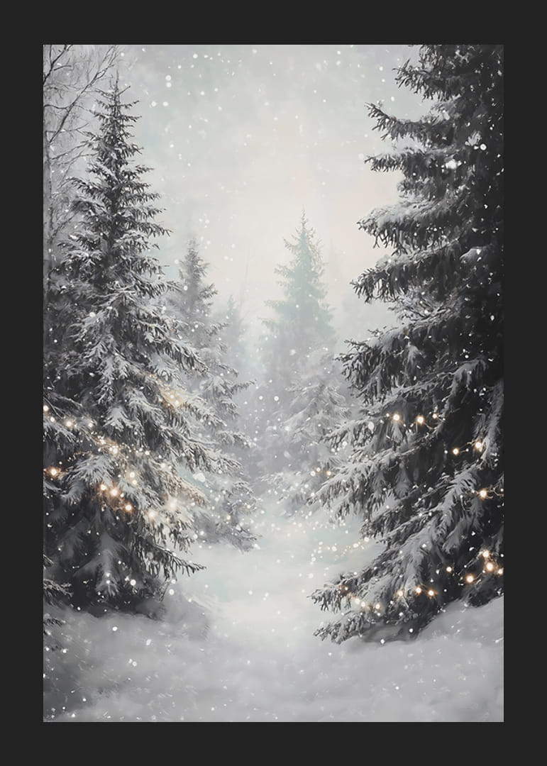 Een winterposter met een besneeuwd bos en sprankelende lichtjes die een dromerige sfeer creëren.-12