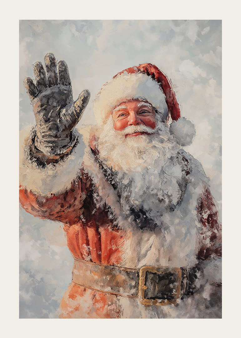 En juleplakat med en smilende julemand, der vinker og spreder festlig jubel.-12