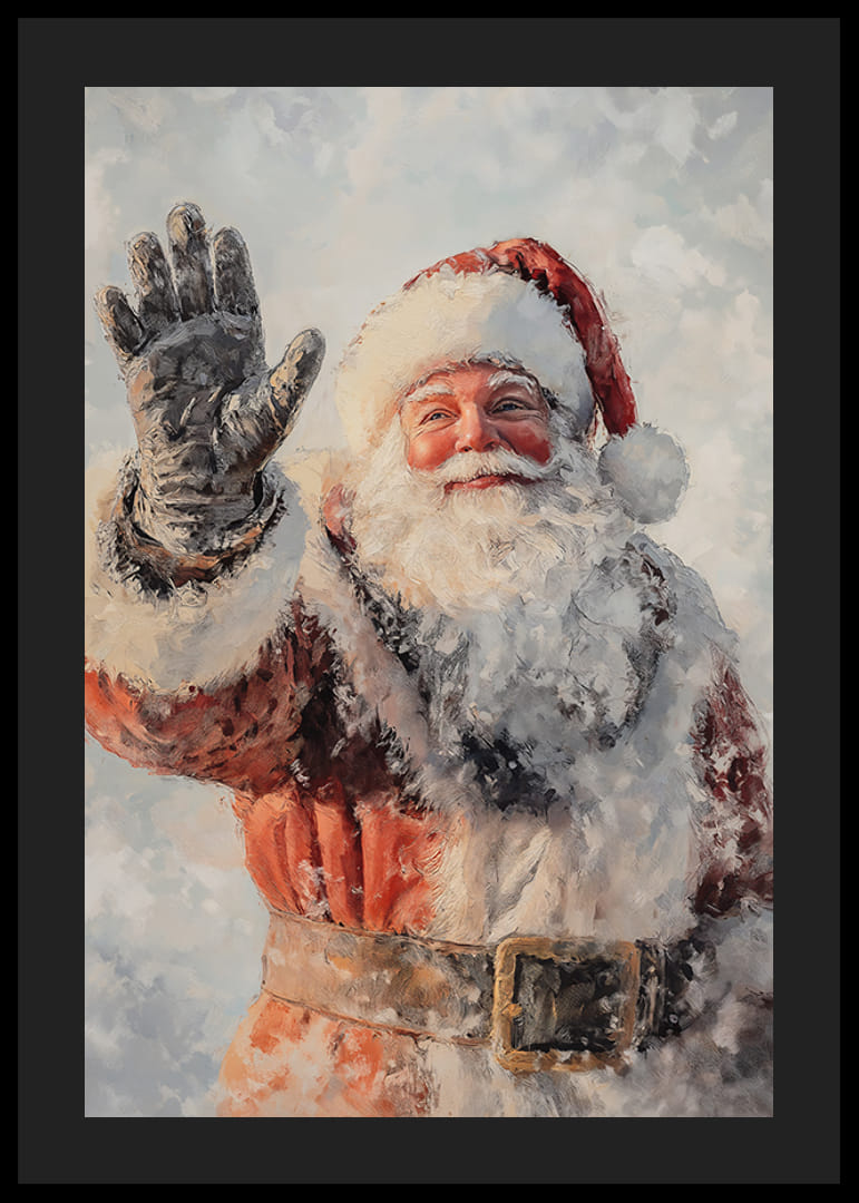 En juleplakat med en smilende julemand, der vinker og spreder festlig jubel.-12