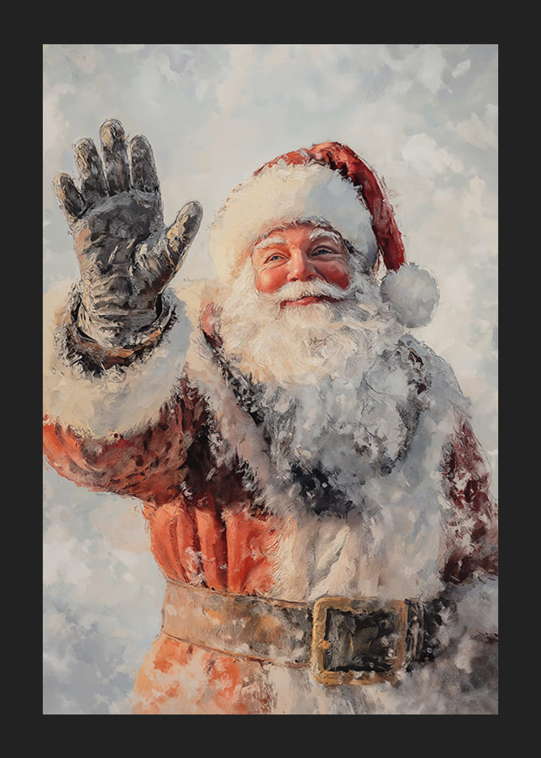 En juleplakat med en smilende julemand, der vinker og spreder festlig jubel.-12