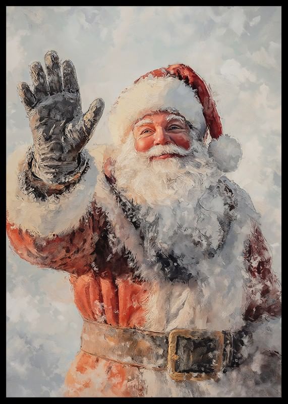 Um cartaz de Natal com um Pai Natal sorridente a acenar e a espalhar alegria festiva.-12