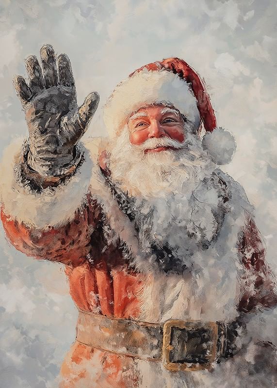 Um cartaz de Natal com um Pai Natal sorridente a acenar e a espalhar alegria festiva.-12