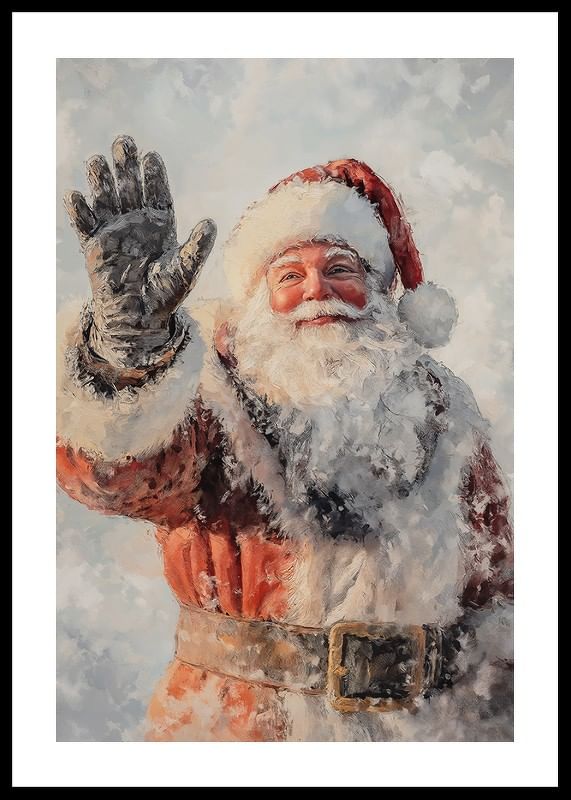 Um cartaz de Natal com um Pai Natal sorridente a acenar e a espalhar alegria festiva.-12