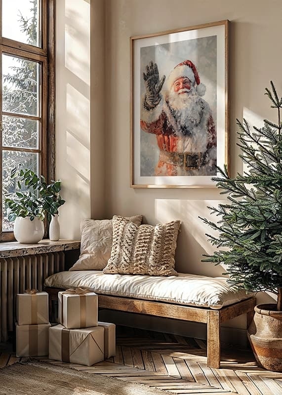 A Christmas poster with a smiling Santa waving and spreading festive cheer.-12