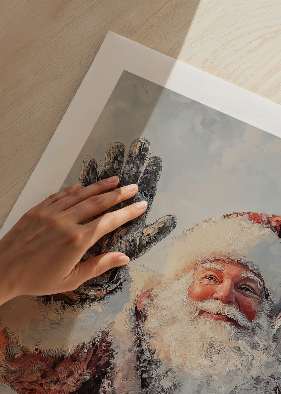 Um cartaz de Natal com um Pai Natal sorridente a acenar e a espalhar alegria festiva.-12