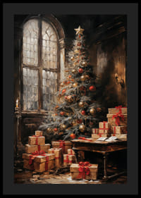 Ein Weihnachtsposter mit einem wunderschön geschmückten Baum und Geschenken in stimmungsvoller Umgebung.-0