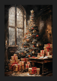 A Christmas poster with a beautifully decorated tree and presents in an atmospheric setting.-1