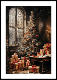 A Christmas poster with a beautifully decorated tree and presents in an atmospheric setting.-2