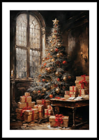 Ein Weihnachtsposter mit einem wunderschön geschmückten Baum und Geschenken in stimmungsvoller Umgebung.-2