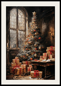 A Christmas poster with a beautifully decorated tree and presents in an atmospheric setting.-4