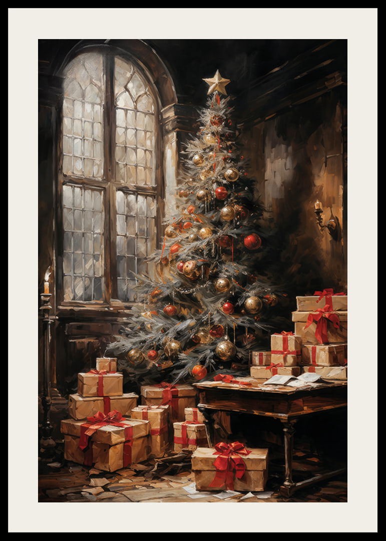 A Christmas poster with a beautifully decorated tree and presents in an atmospheric setting.-12