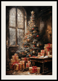 Ein Weihnachtsposter mit einem wunderschön geschmückten Baum und Geschenken in stimmungsvoller Umgebung.-4