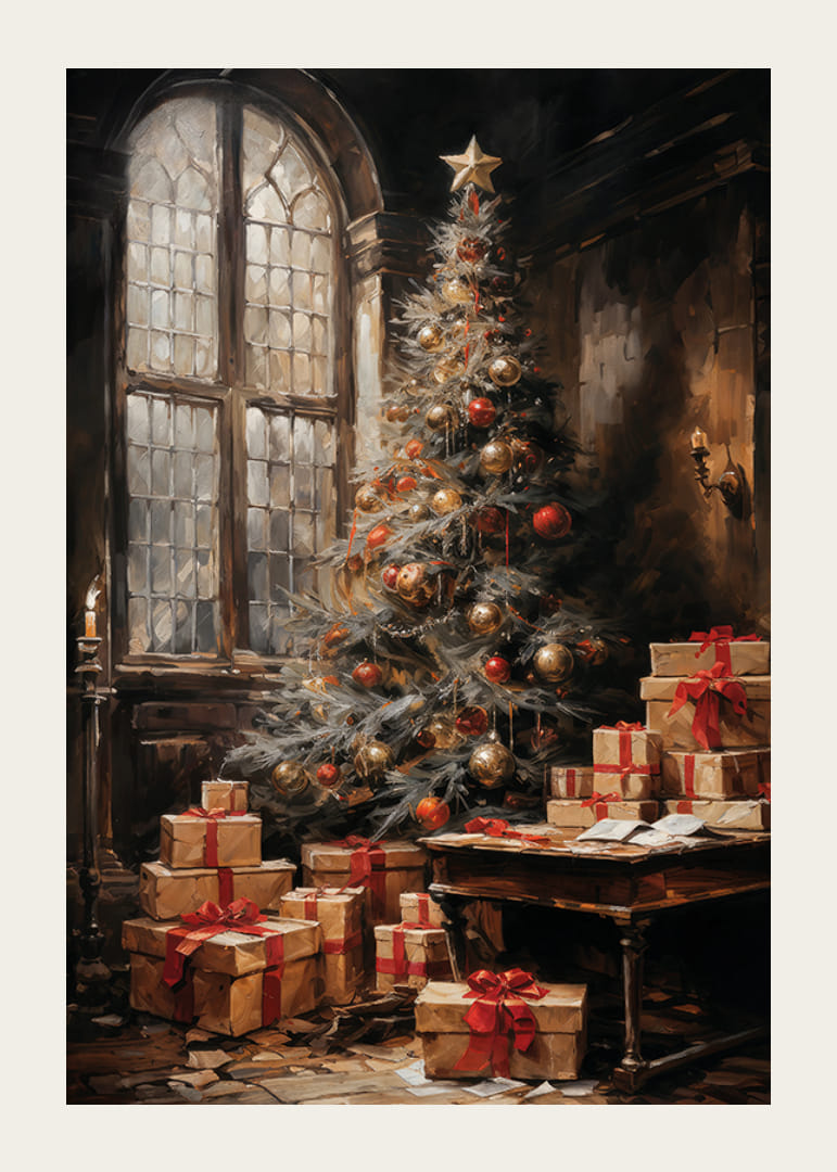 Ein Weihnachtsposter mit einem wunderschön geschmückten Baum und Geschenken in stimmungsvoller Umgebung.-12