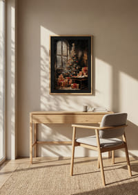 Ein Weihnachtsposter mit einem wunderschön geschmückten Baum und Geschenken in stimmungsvoller Umgebung.-8