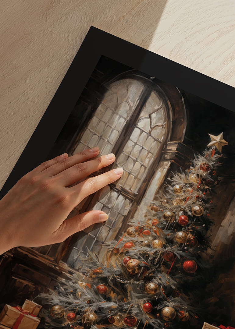 Ein Weihnachtsposter mit einem wunderschön geschmückten Baum und Geschenken in stimmungsvoller Umgebung.-12