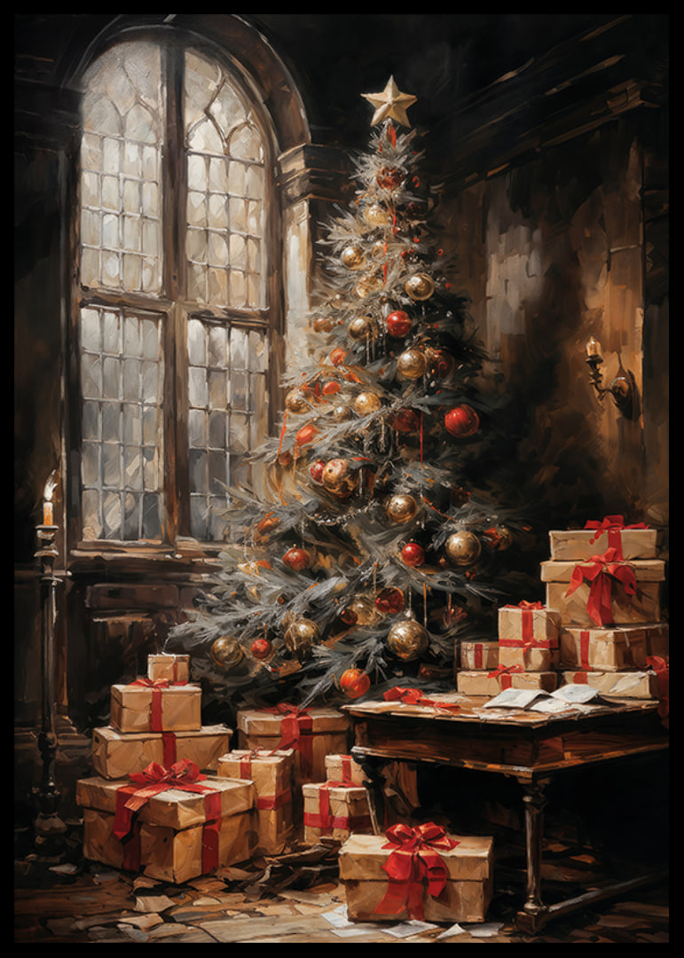 A Christmas poster with a beautifully decorated tree and presents in an atmospheric setting.-12