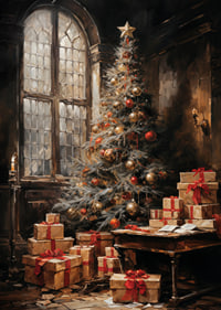 A Christmas poster with a beautifully decorated tree and presents in an atmospheric setting.-7
