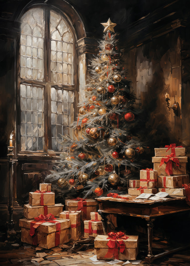 A Christmas poster with a beautifully decorated tree and presents in an atmospheric setting.-12
