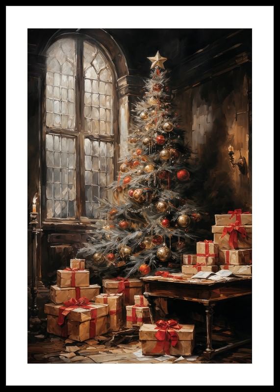 Um cartaz de Natal com uma árvore lindamente decorada e presentes num ambiente atmosférico.-12