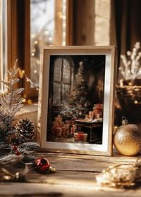Um cartaz de Natal com uma árvore lindamente decorada e presentes num ambiente atmosférico.-4