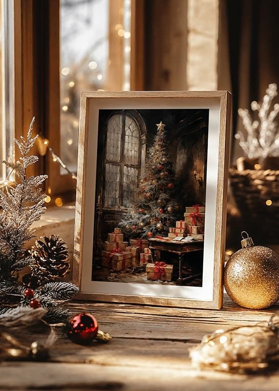 Um cartaz de Natal com uma árvore lindamente decorada e presentes num ambiente atmosférico.-12