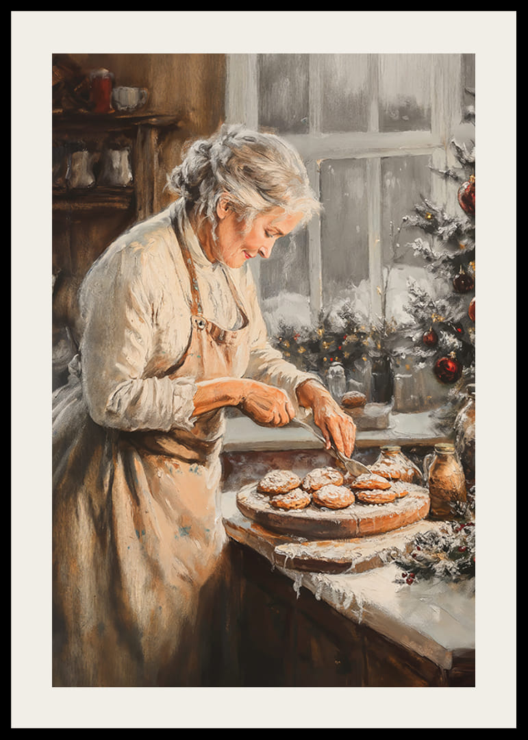 Karácsonyi poszter egy hangulatos, karácsonyi díszes konyhában sütögető nagymamával.-12
