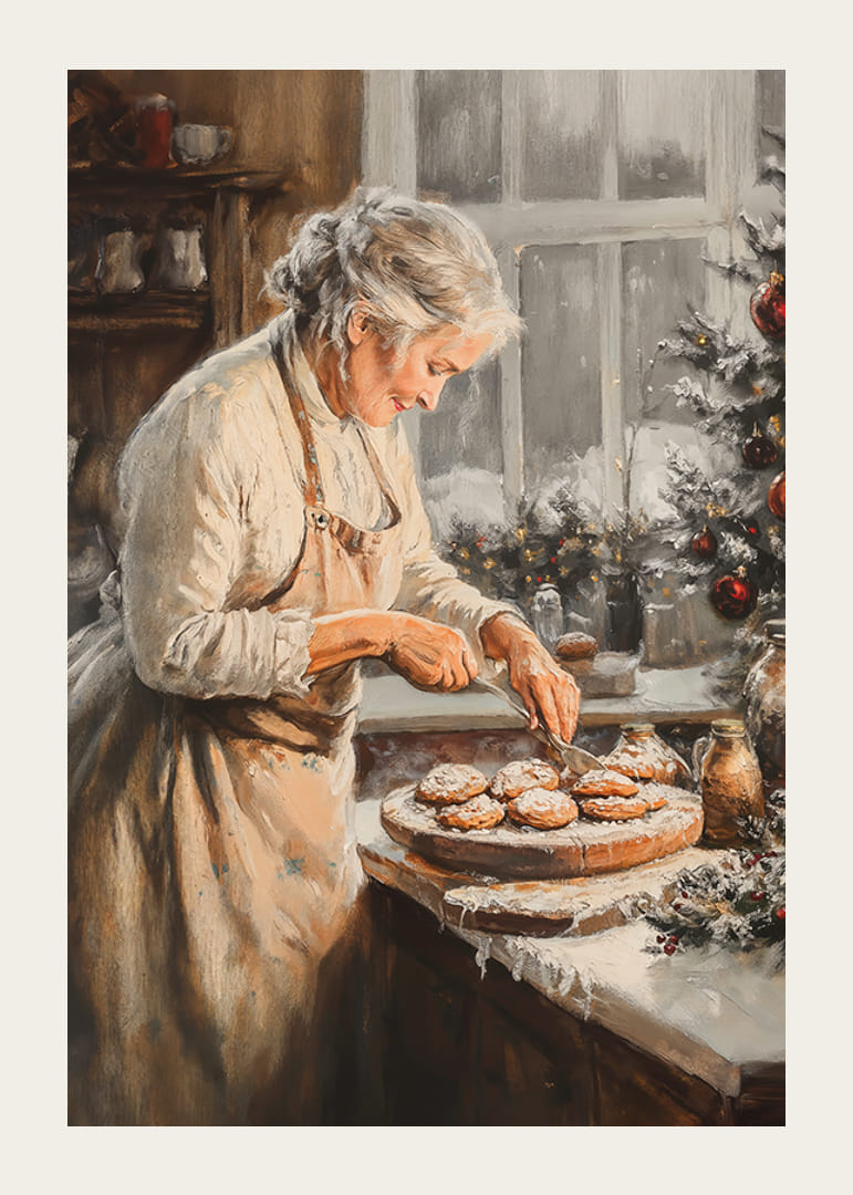 Karácsonyi poszter egy hangulatos, karácsonyi díszes konyhában sütögető nagymamával.-12