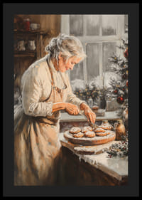 Karácsonyi poszter egy hangulatos, karácsonyi díszes konyhában sütögető nagymamával.-4