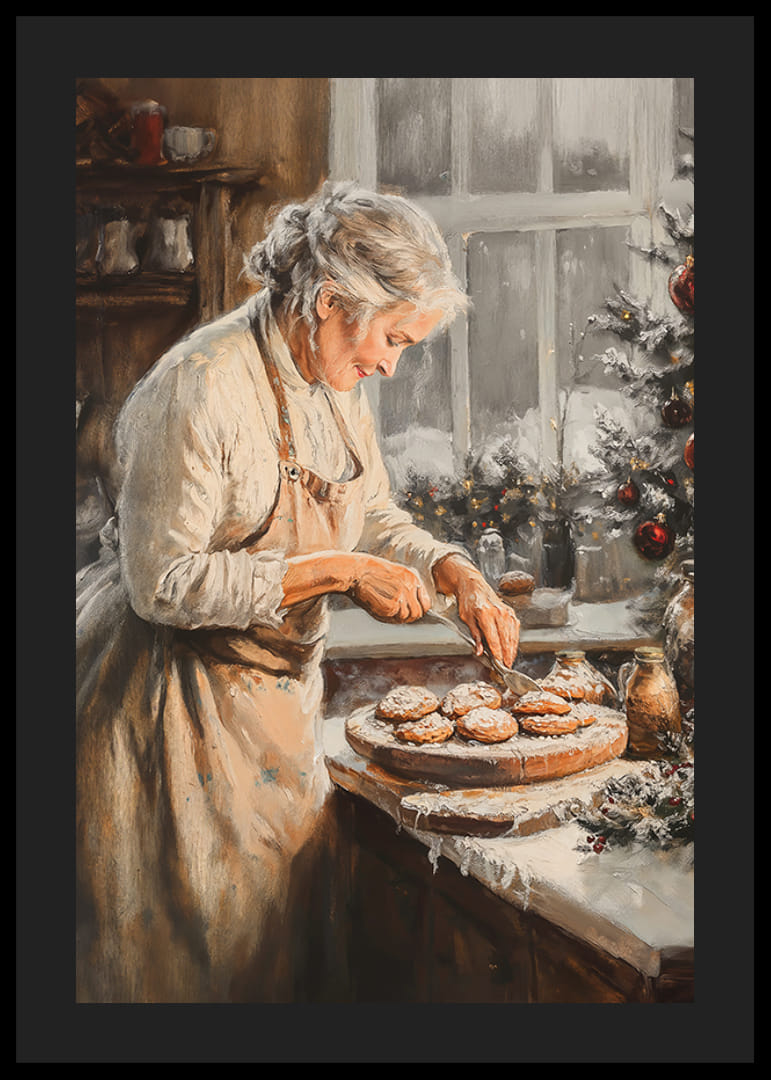 Karácsonyi poszter egy hangulatos, karácsonyi díszes konyhában sütögető nagymamával.-12