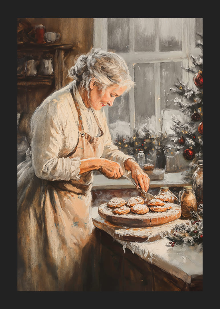 Karácsonyi poszter egy hangulatos, karácsonyi díszes konyhában sütögető nagymamával.-12