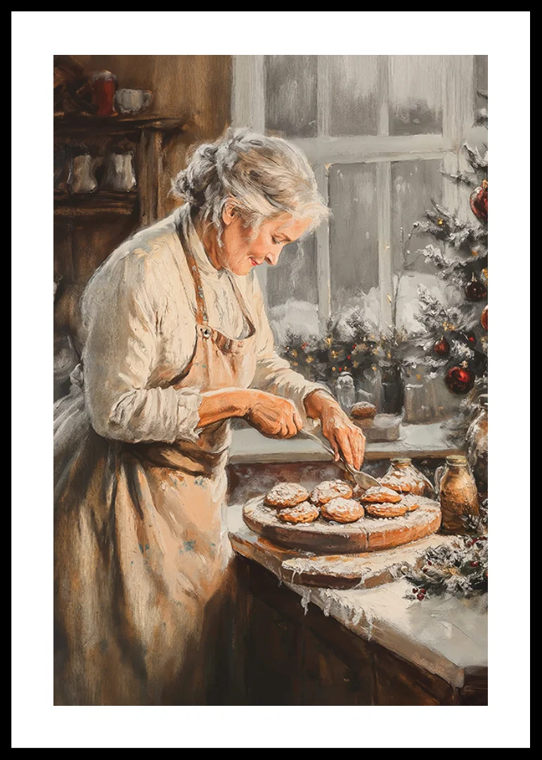 A Christmas poster with a grandmother baking in a cozy, Christmas-decorated kitchen.-12