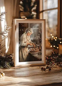A Christmas poster with a grandmother baking in a cozy, Christmas-decorated kitchen.-8