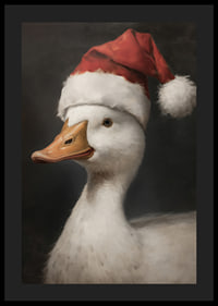 A Christmas poster featuring a duck wearing a Santa hat that exudes festive charm.-0