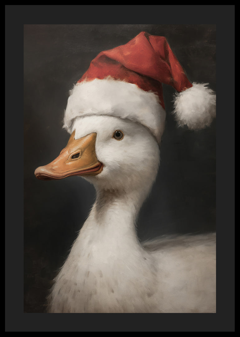 A Christmas poster featuring a duck wearing a Santa hat that exudes festive charm.-12