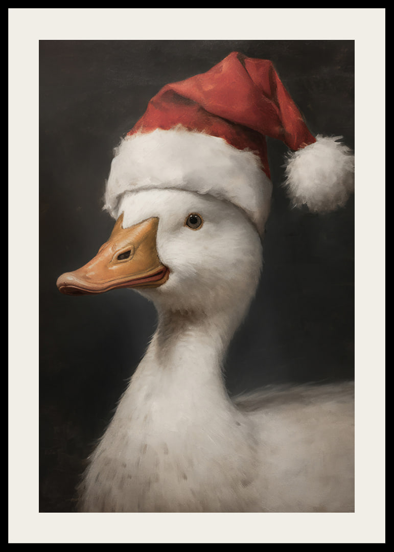 A Christmas poster featuring a duck wearing a Santa hat that exudes festive charm.-12