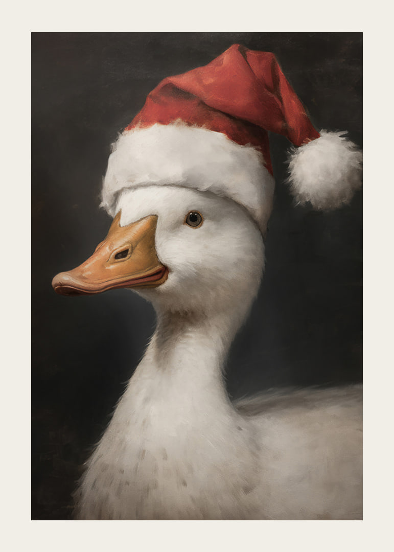 A Christmas poster featuring a duck wearing a Santa hat that exudes festive charm.-12