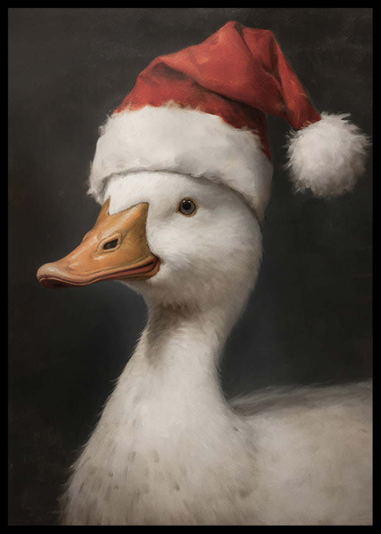 A Christmas poster featuring a duck wearing a Santa hat that exudes festive charm.-12