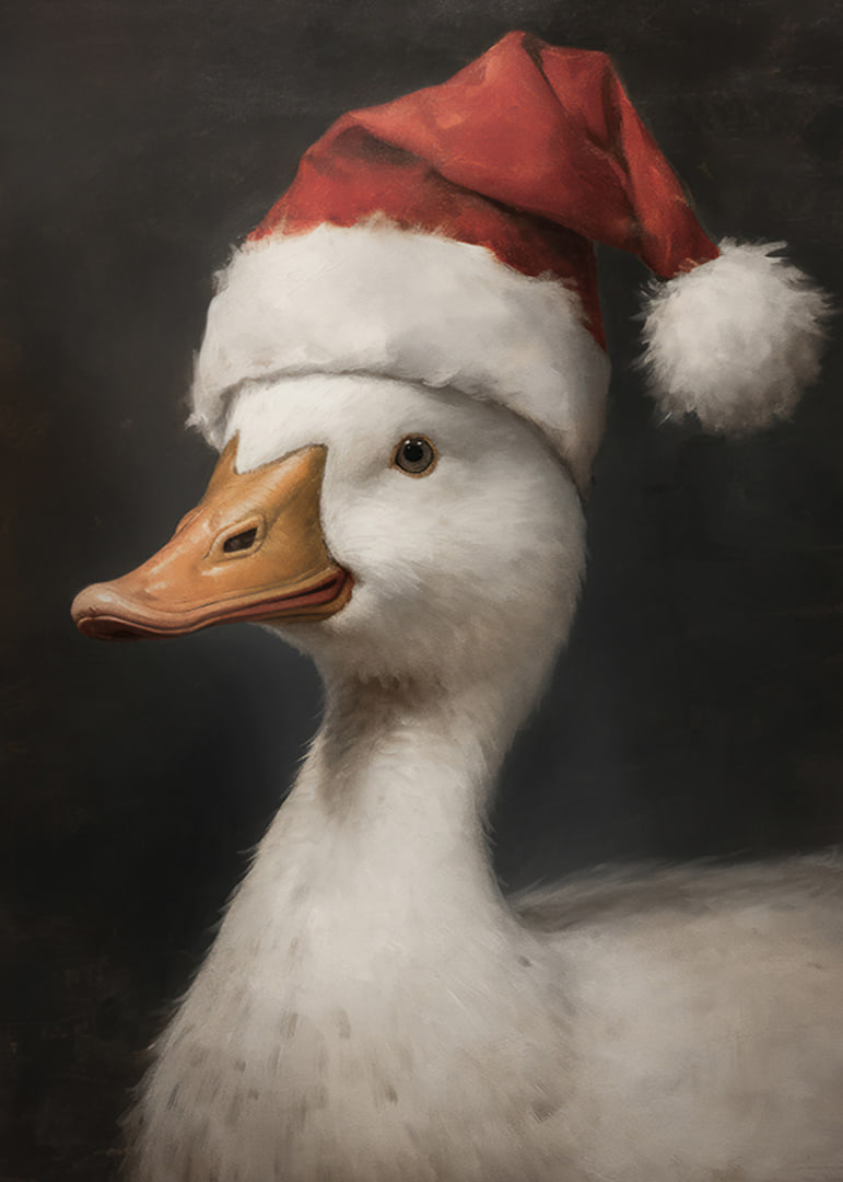 A Christmas poster featuring a duck wearing a Santa hat that exudes festive charm.-12
