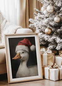A Christmas poster featuring a duck wearing a Santa hat that exudes festive charm.-8