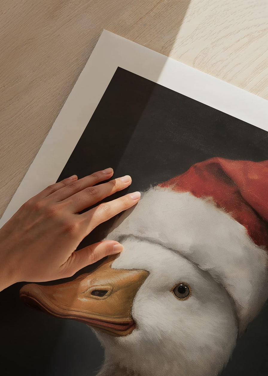 A Christmas poster featuring a duck wearing a Santa hat that exudes festive charm.-12