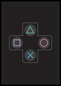 A poster with iconic game buttons in bright colors against a black background -0