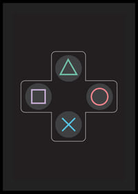 Ein Poster mit ikonischen Spieltasten in leuchtenden Farben vor schwarzem Hintergrund -0