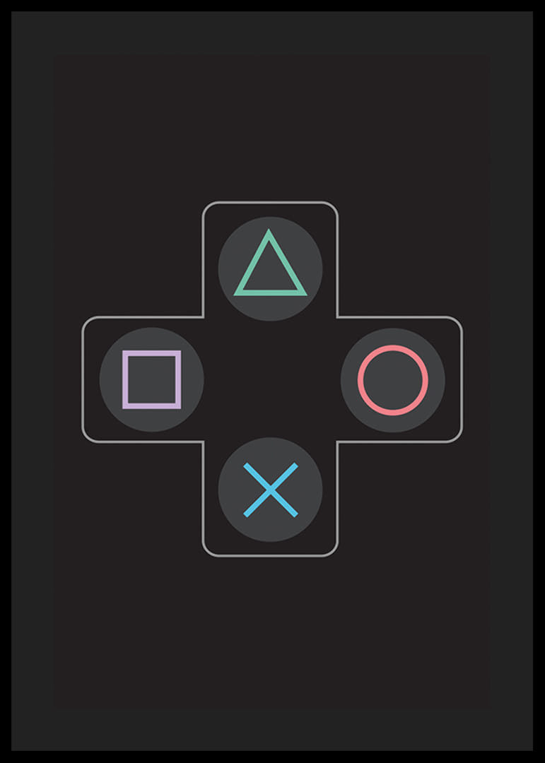 Ein Poster mit ikonischen Spieltasten in leuchtenden Farben vor schwarzem Hintergrund -12