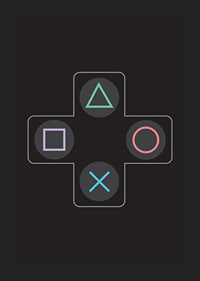 A poster with iconic game buttons in bright colors against a black background -1